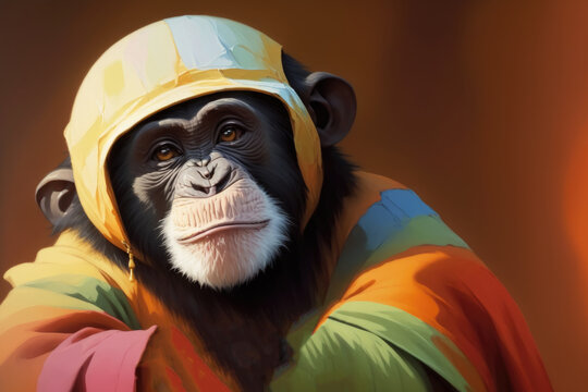Modern painting of golden chimpanzee. Colorful magic chimpanzee, cartoon style painting. Generative ai art illustration