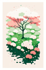 Illustration of sakura flowers and trees, created with AI generative technology