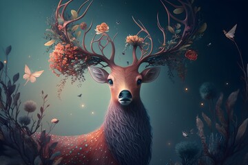 Beautiful deer portrait with flowers on horns