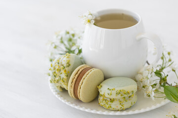 Traditional delicious French dessert - sweet homemade macarons on a vintage plate. Colourful tasty macaroons served on a white china with herbal tea. Decorated with fragile cherry tree flowers.