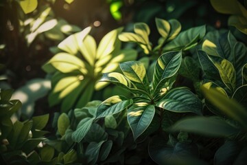 Rays of sun through leaves in tropical, soft focus under natural sun light with colorful blurred background. AI Generation