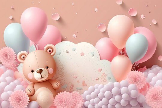 congratulatory decor for the birthday of a girl happy birthday, teddy bear, , generative AI