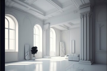 Large solid white spacious room modern style flat or house interior with furniture. Generative AI illustration.