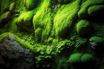 Painted Stabilized Moss Texture Background, Green Moss Wall for Modern Interior, Abstract Generative AI Illustration