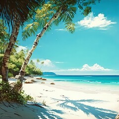 Tropical Coast with White Sand, Beautiful Paradise Beach, Palm Trees, Sun, Sea, Generative AI Illustration