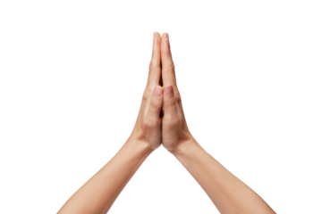 Praying hands with faith in religion and belief in God on a white background. Power of hope or love and devotion. Gesture of hands Namaste or Namaskar. Prayer