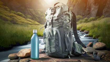 A bottle of fresh water tucked away in a backpack, ready to quench the thirst of nature-lovers on their journey. AI generative - obrazy, fototapety, plakaty