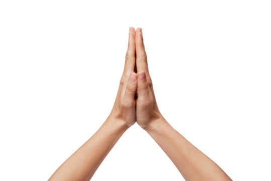Praying hands with faith in religion and belief in God on a white background. Power of hope or love and devotion. Gesture of hands Namaste or Namaskar. Prayer