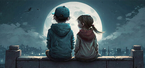 generative ai illustration of a cute scenery of a boy and girl on a rooftop during full moon in the night