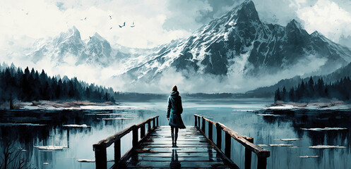 generative ai illustration of a girl walking alone on a pier and staring at a frozen lake and mountain landscape