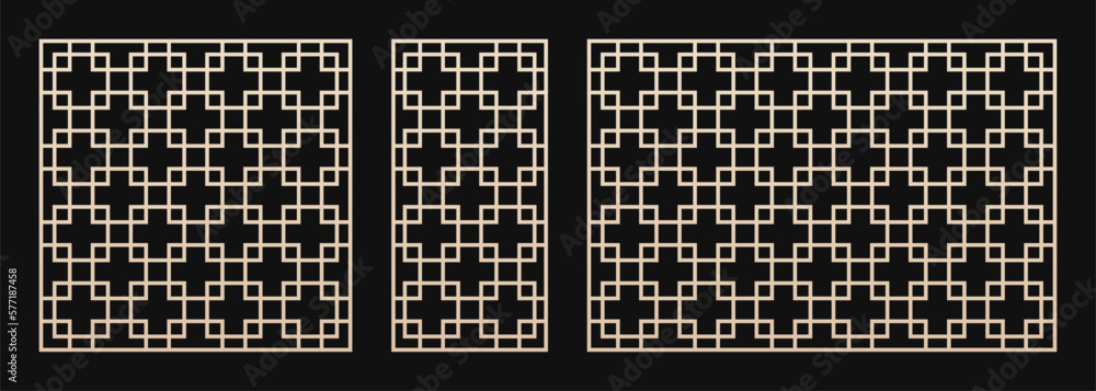 Aufkleber laser cut pattern in asian style. vector set with abstract geometric ornament, square grid, lattice.