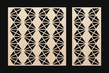 Laser cut patterns. Vector set with abstract geometric grid, lines, triangles, zigzag. Modern geometry panels. Decorative stencil for CNC cutting of wood, metal, plastic, paper. Aspect ratio 1:1, 1:2