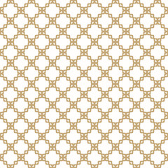 Vector abstract seamless mesh pattern. Gold and white ornament texture with curved floral shapes, grid, net, lattice. Simple delicate golden background. Repeat ornamental design for print, wallpaper