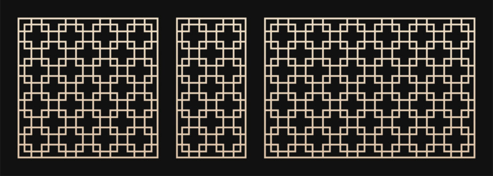 Laser cut pattern in Asian style. Vector set with abstract geometric ornament, square grid, lattice. Decorative stencil for laser cut, CNC cutting of wood, metal, acrylic. Aspect ratio 1:1, 1:2, 3:2