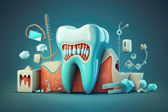 Creative tooth illustration, different tools for dental care. Dental background. AI Generation