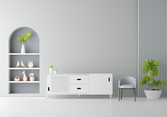 White sideboard in living room with copy space, 3D rendering