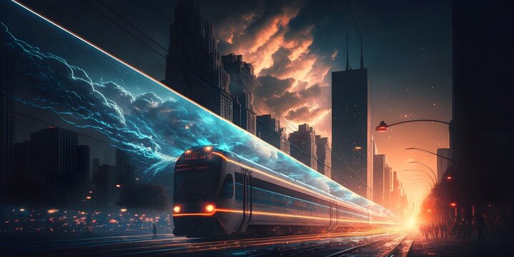 A train between skyscraper while the sun set , beautiful view ,light trails,dark city high quality,red and blue lights,high quality background,high quality wallpaper 4k