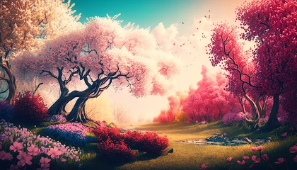 Photo sur Plexiglas Paysage fantastique Blooming spring trees illustration. Horizontal digital oil looking painting. Spring landscape with colorful blooming trees. Ai illustration, fantasy digital painting