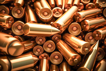 Pile of machinegun bullets as background. Weapon and army industry concept. AI generative - obrazy, fototapety, plakaty