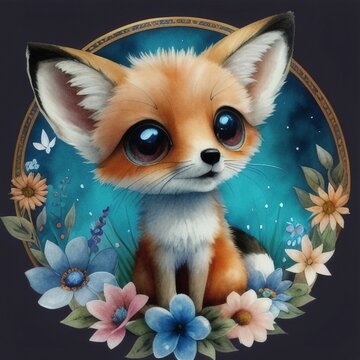 a painting of a cute baby fox surrounded by flowers, ai generated