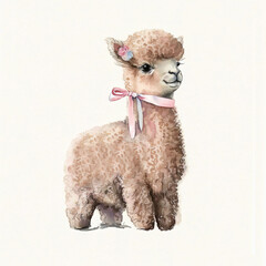 Baby alpaca watercolor illustration, Generative AI
