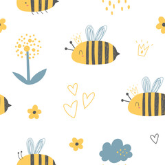 Cute honey bee pattern in flower garden in hand drawn style. Vector cute bee character in scandinavian hand drawn cartoon style. very suitable for printing on baby and kids clothes