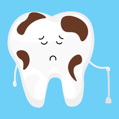 Sad tooth with decay on light blue background