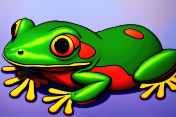 Obraz premium Cute colorful magic frog, cartoon style painting. Generative ai art illustration