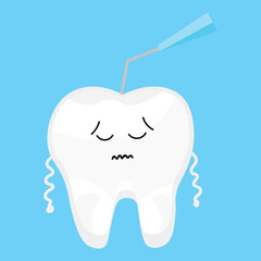 Scared tooth being checked by dentist on light blue background