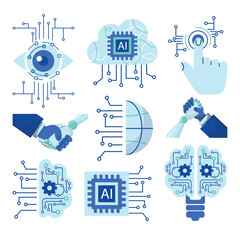 Modern technology icons set: computer vision, artificial intelligence, machine learning. Isolated flat logos illustration robot and human arm, tech brain, electronic eye, cloud computing network - obrazy, fototapety, plakaty