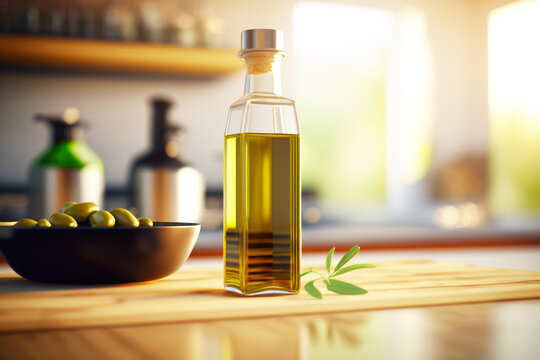 This close-up image showcases a bottle of premium olive oil on a wooden kitchen table, highlighting its natural beauty and suggesting an authentic cooking experience. AI generative