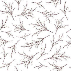 Easter pussy willows branches. Background of flowering willow branches on a white background. Seamless spring background for the holiday of Easter