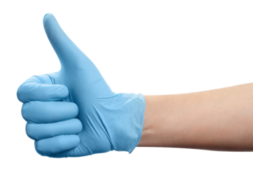 Thumb up in a blue glove, cut out