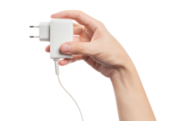 Hand holding white plug cut out