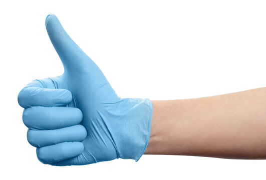 Thumb up in a blue glove, cut out