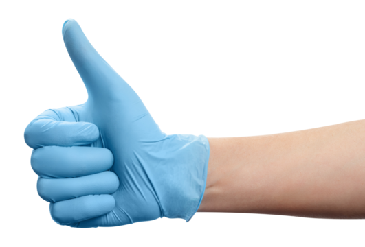 Thumb up in a blue glove, cut out