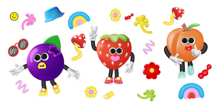 Groovy fruit. Style 70s. Cartoon strawberry, apricot and blueberry. Summer haroi. 3d render vector illustration.
