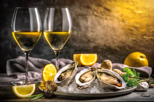 A seafood feast featuring local oysters and two glasses of chilled white wine. AI generative