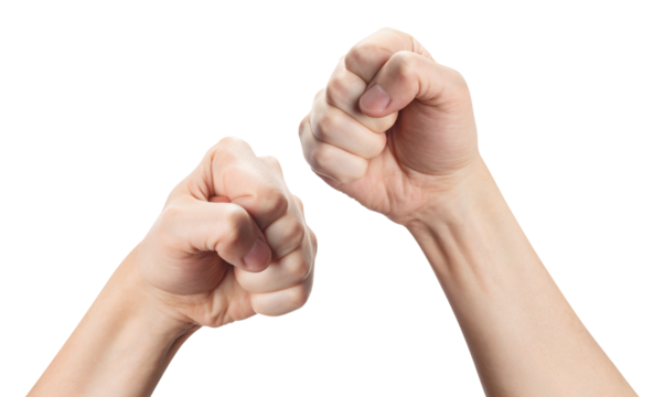 Fists in a fighting stance, ready to fight, cut out