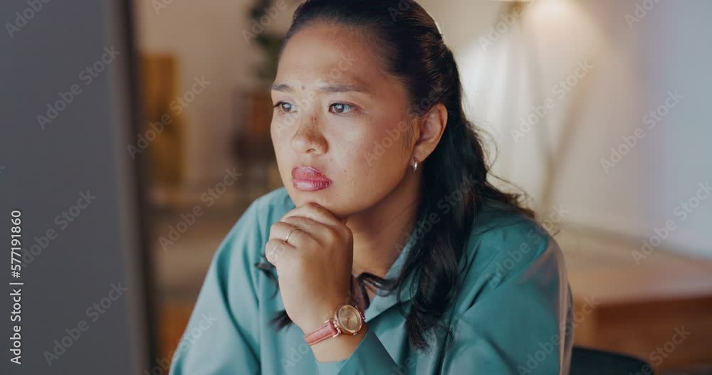 Aufkleber thinking, business woman and computer at night for planning, research and analysis. serious worker w