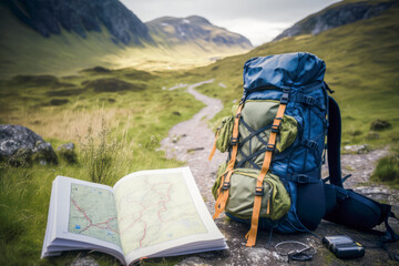 The backpack is filled with supplies and ready to take on the trails, while the map provides valuable navigation information. AI generative - obrazy, fototapety, plakaty