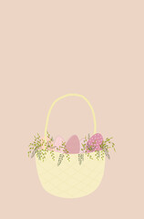 Easter basket with eggs and flowers. Cute vector illustration.