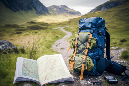 The backpack is filled with supplies and ready to take on the trails, while the map provides valuable navigation information. AI generative