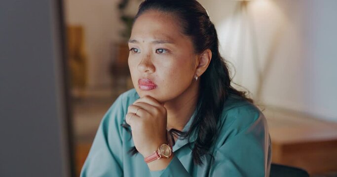 Thinking, business woman and computer at night for planning, research and analysis. Serious worker working late on desktop technology in evening on web information, digital solution or decision ideas