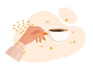 Ceramic cup of coffee in beautiful female hand 