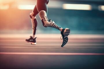 prosthetic running athlete pushing their body to its utmost limits. With technology and medical science, they are able to conquer. AI generative - obrazy, fototapety, plakaty