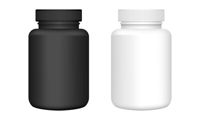 Plastic jar for pills vitamin and capsules vector mockup. Black and white pill bottle isolated on white background