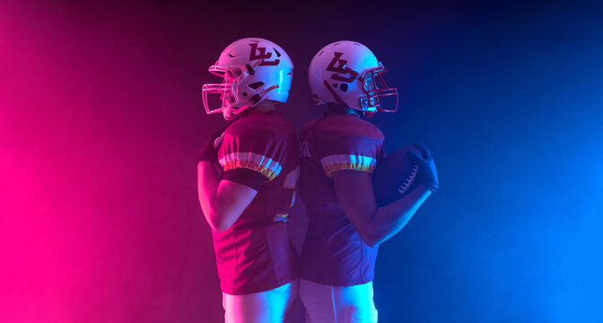 Two American football players. Template for a sports magazine on the theme of American football with copy space. Mockup for betting advertisement.