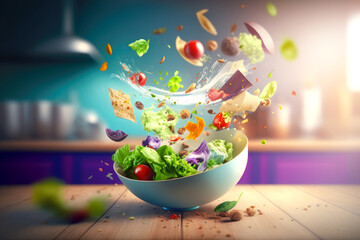 Greek or caesar salad ingredients flying with blurred kitchen background. AI generative