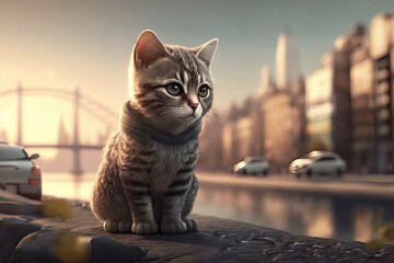 The lost cute little kitty in a big city. generative ai